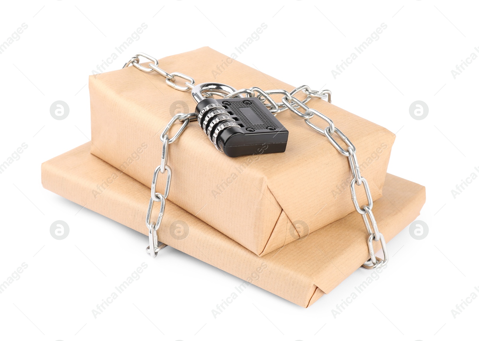 Photo of Parcels with chain and padlock isolated on white