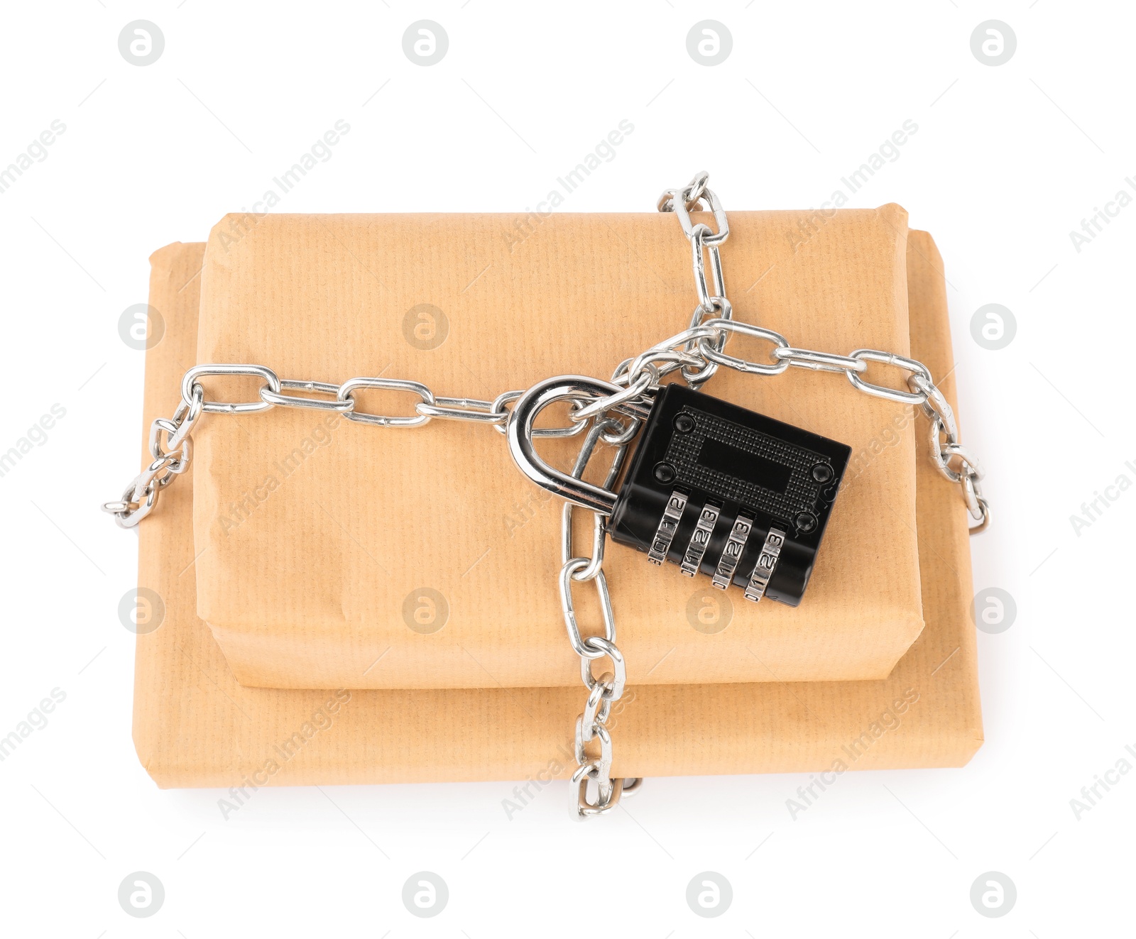 Photo of Parcels with chain and padlock isolated on white, top view