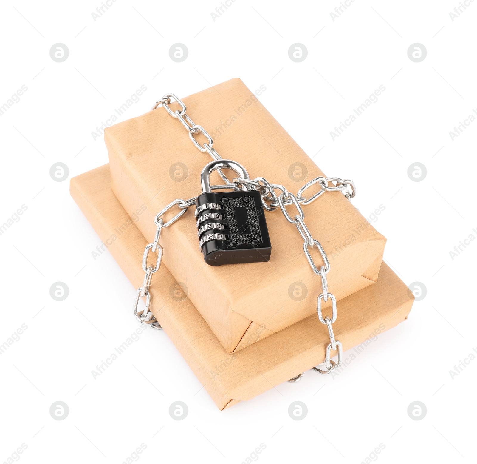 Photo of Parcels with chain and padlock isolated on white