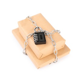 Photo of Parcels with chain and padlock isolated on white