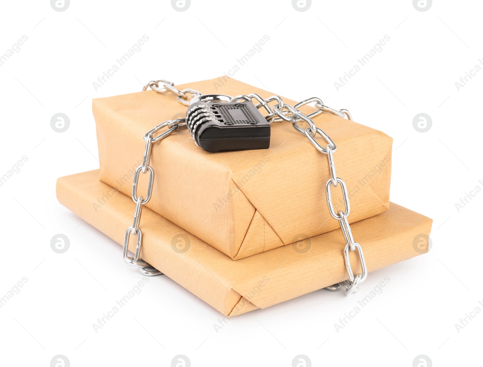 Photo of Parcels with chain and padlock isolated on white