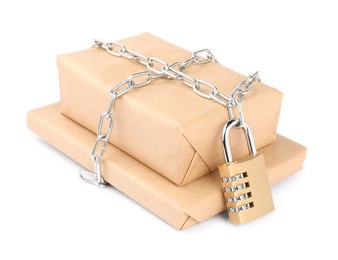 Photo of Parcels with chain and padlock isolated on white