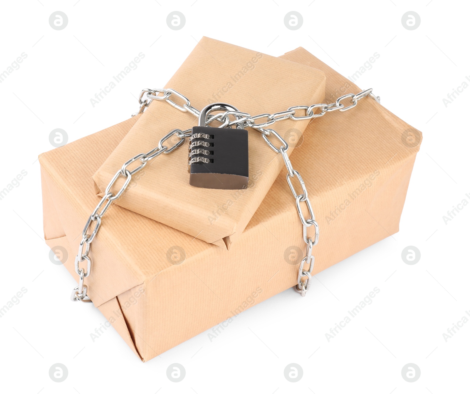 Photo of Parcels with chain and padlock isolated on white