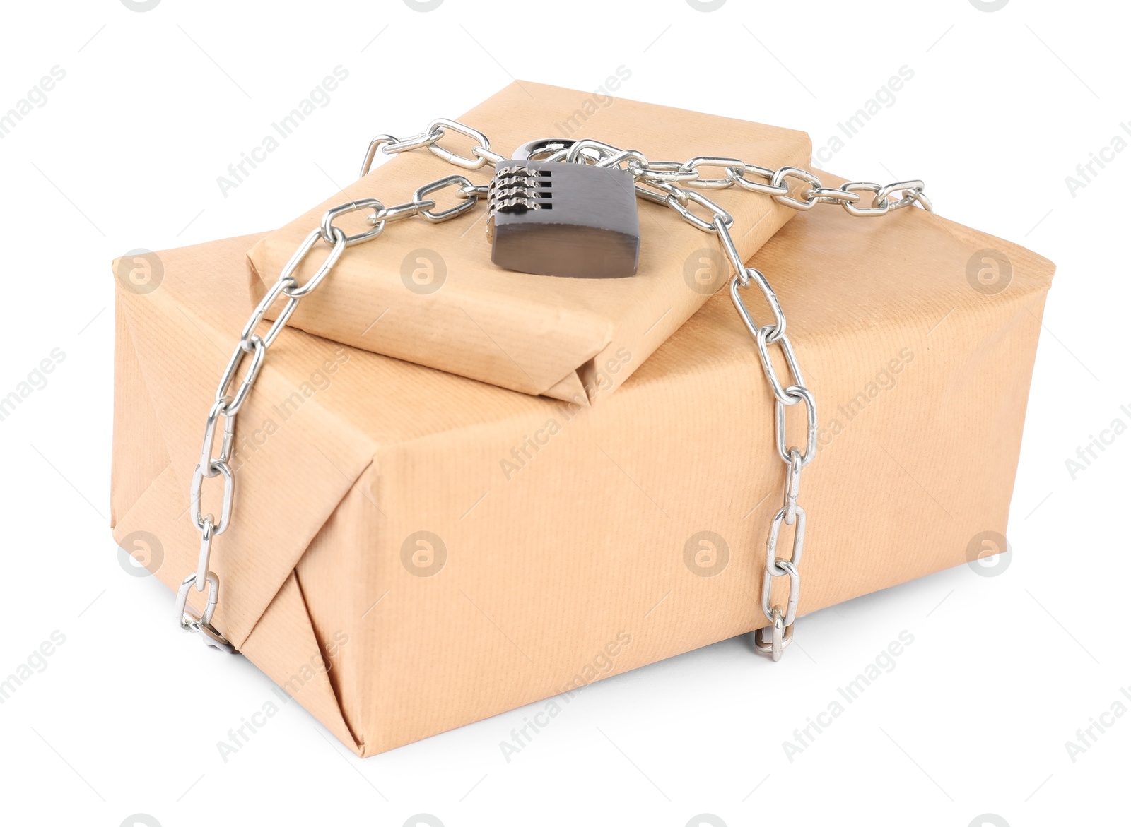 Photo of Parcels with chain and padlock isolated on white