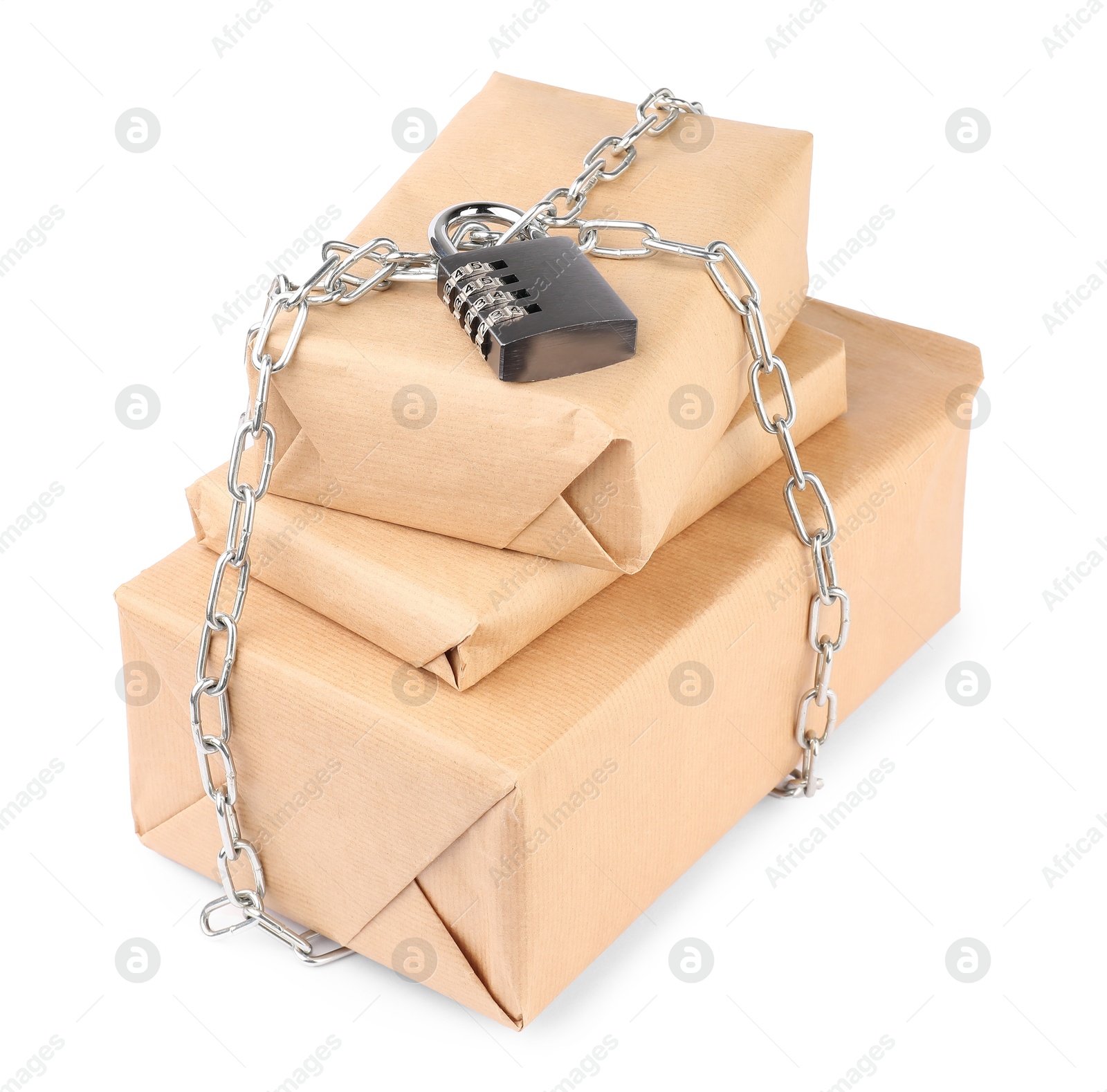 Photo of Parcels with chain and padlock isolated on white