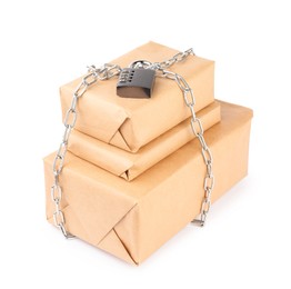 Photo of Parcels with chain and padlock isolated on white