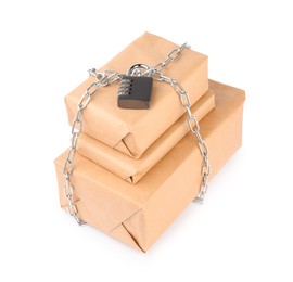 Parcels with chain and padlock isolated on white