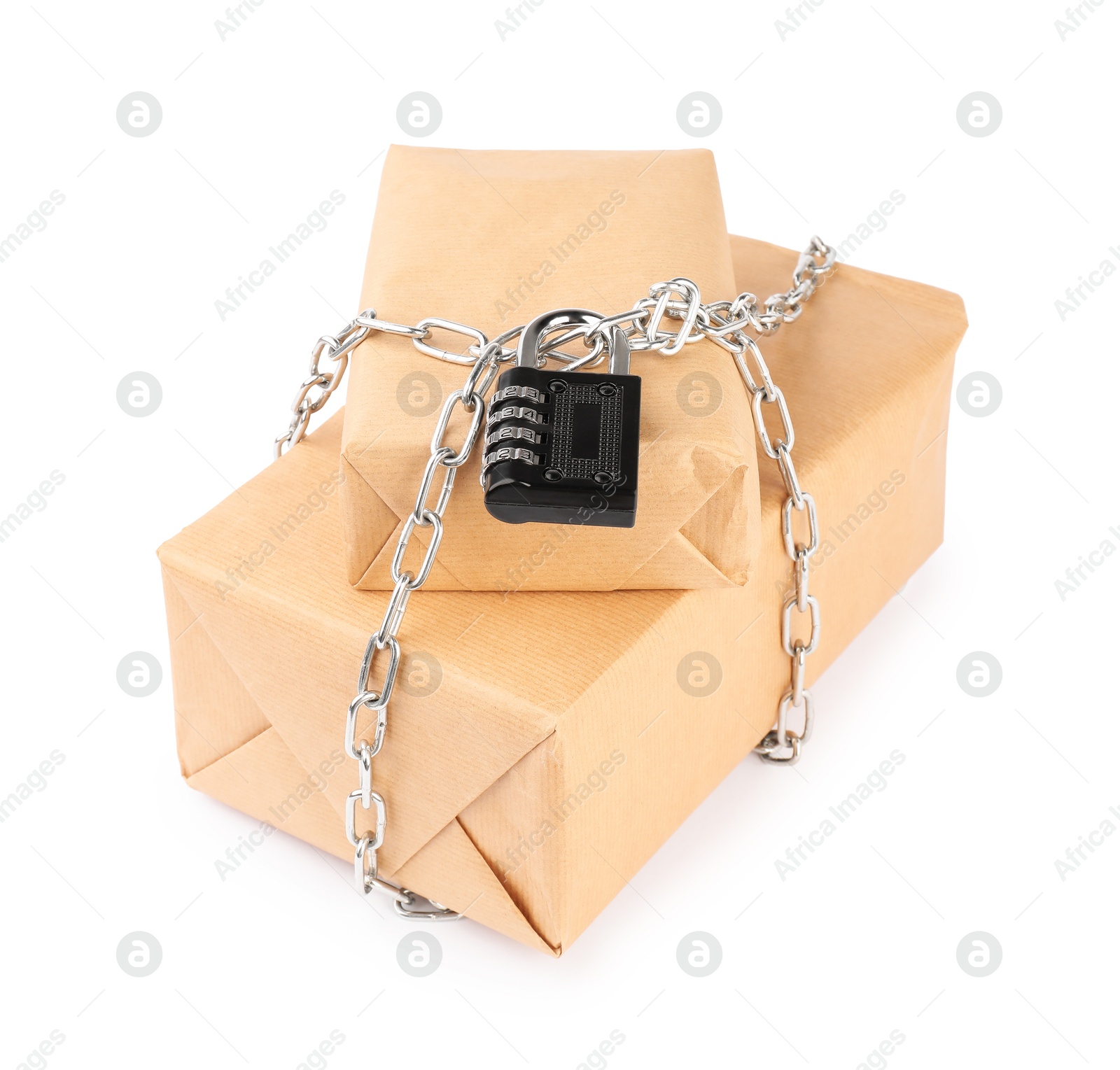 Photo of Parcels with chain and padlock isolated on white