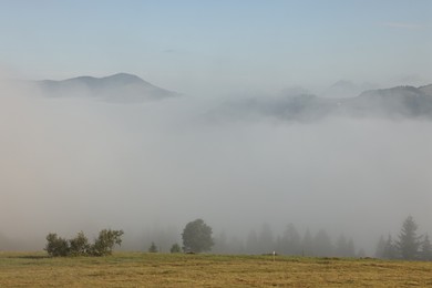 Photo of Picturesque view of mountains covered with fog