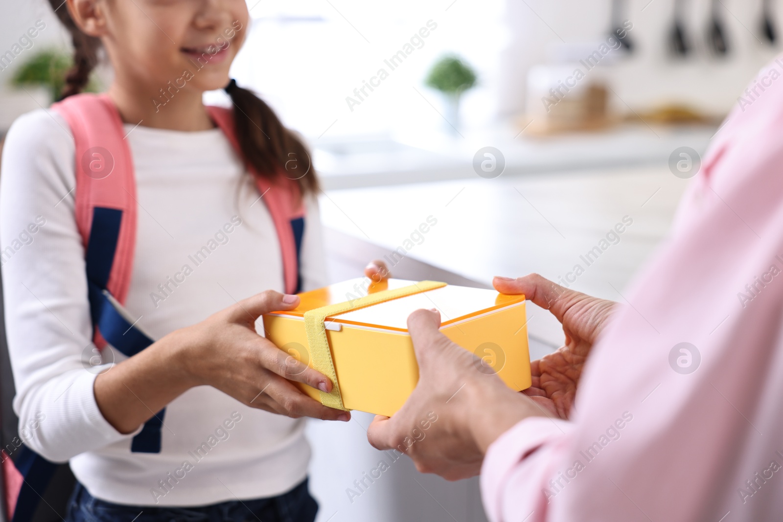 Photo of Mother giving lunch box to her daughter in kitchen, closeup. Preparing for school