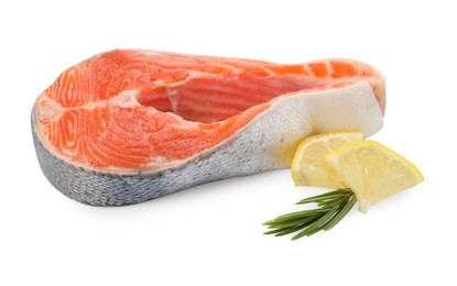 Photo of Fresh salmon steak, lemon and rosemary isolated on white