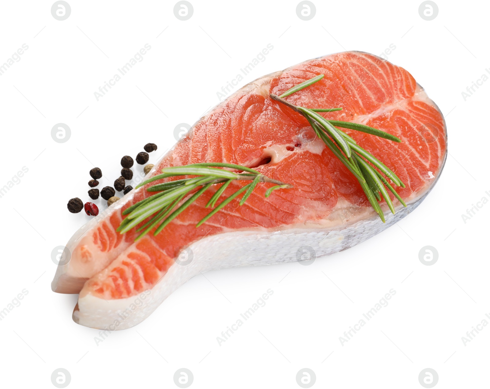 Photo of Fresh salmon steak, peppercorns and rosemary isolated on white, above view