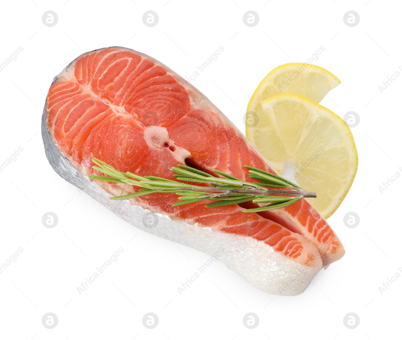 Photo of Fresh salmon steak, lemon and rosemary isolated on white