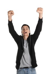 Photo of Portrait of happy teenage boy on white background