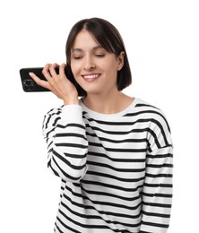 Photo of Beautiful woman with smartphone listening to voice message on white background