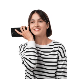 Photo of Beautiful woman with smartphone listening to voice message on white background