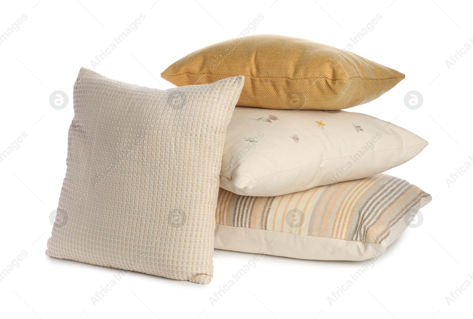 Photo of Group of different pillows isolated on white