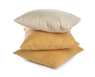 Photo of Stack of different pillows isolated on white