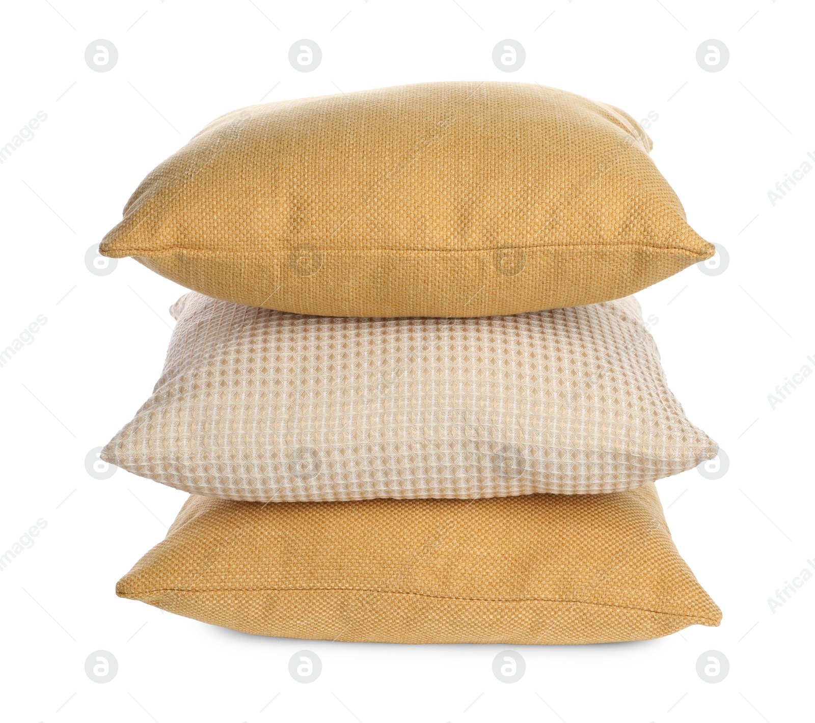 Photo of Stack of different pillows isolated on white