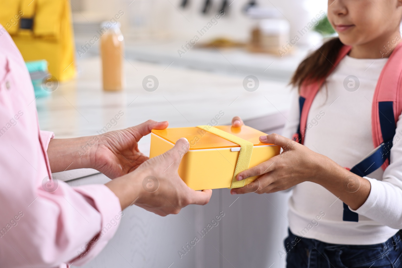 Photo of Mother giving lunch box to her daughter in kitchen, closeup. Preparing for school