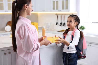 Photo of Smiling mother giving lunch box to her daughter in kitchen. Preparing for school