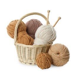 Photo of Skeins of soft yarn and knitting needles isolated on white