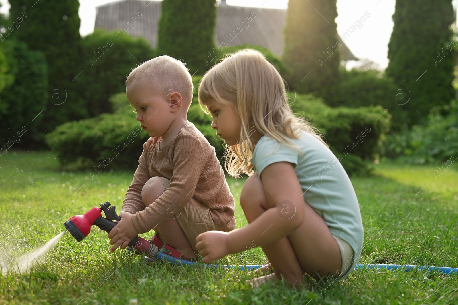 Photo of Little boy and his sister watering lawn with hose in backyard