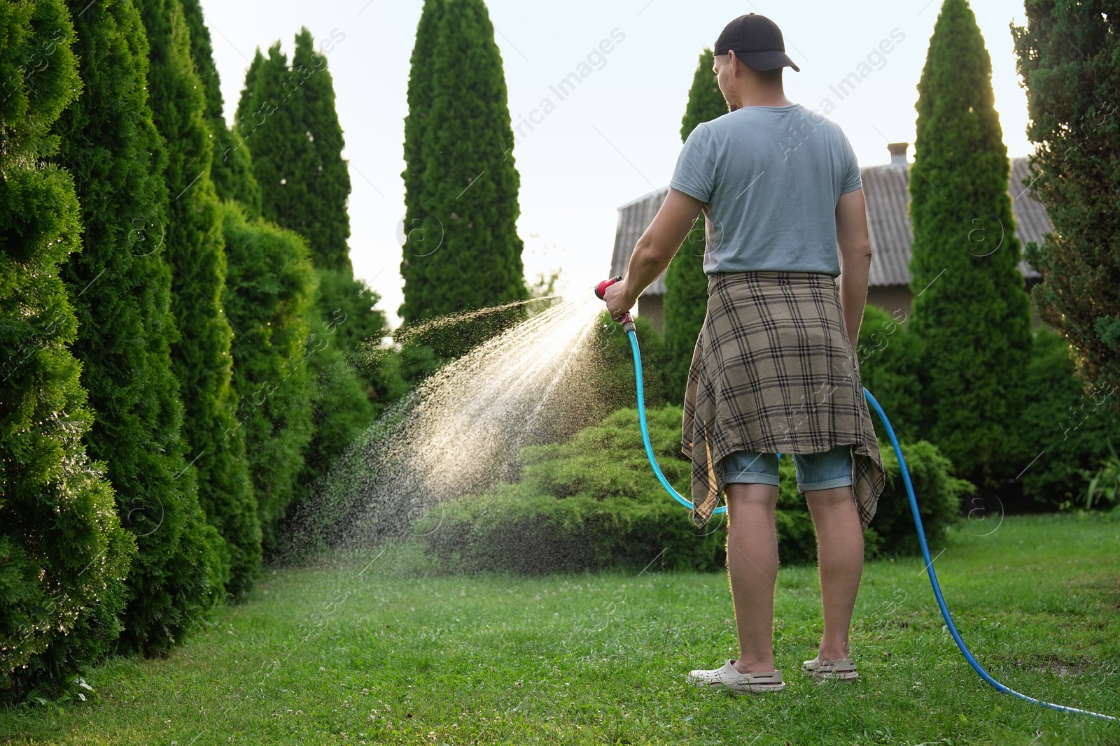 Photo of Man watering lawn with hose in backyard, back view