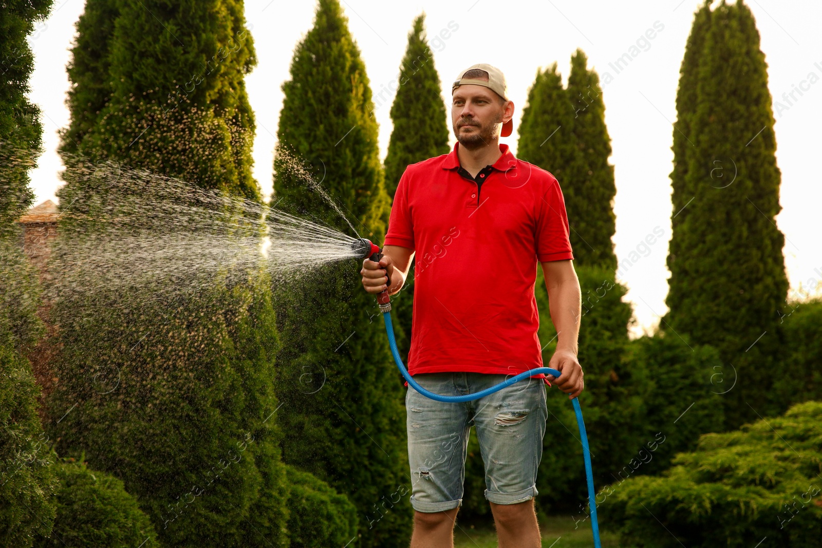 Photo of Man watering lawn with hose in backyard