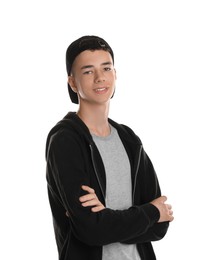 Photo of Portrait of teenage boy on white background