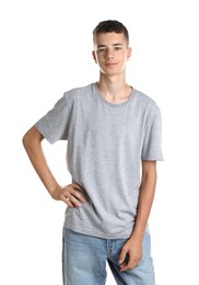 Photo of Portrait of teenage boy on white background