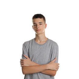 Photo of Portrait of teenage boy on white background