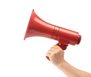 Photo of Woman holding megaphone speaker on white background, closeup