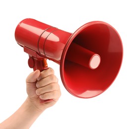 Photo of Woman holding megaphone speaker on white background, closeup