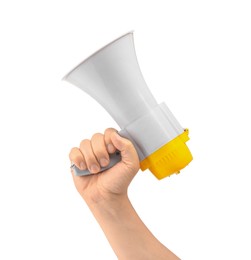 Woman holding megaphone speaker on white background, closeup