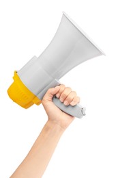 Woman holding megaphone speaker on white background, closeup