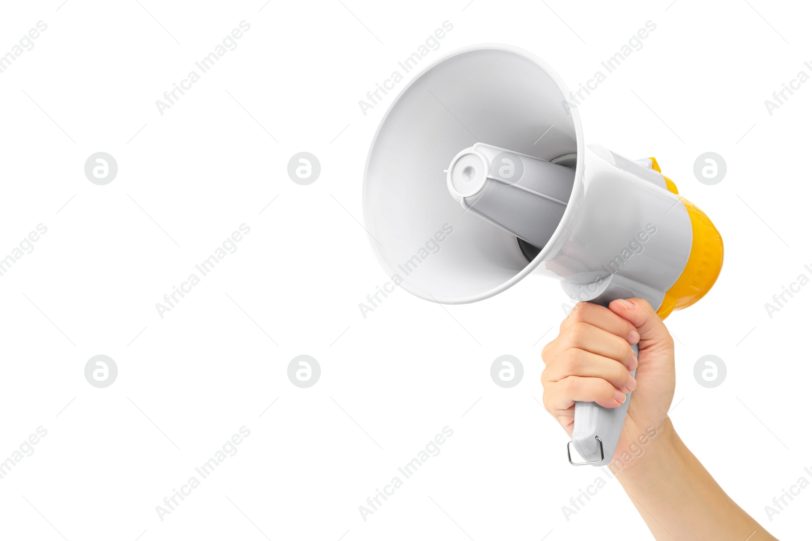 Photo of Woman holding megaphone speaker on white background, closeup