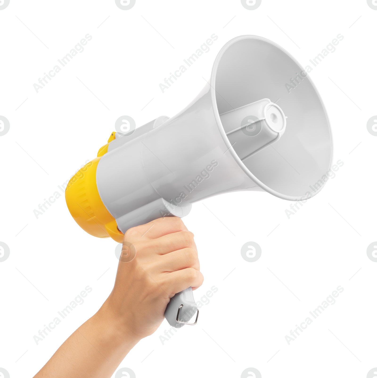 Photo of Woman holding megaphone speaker on white background, closeup