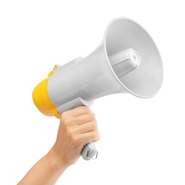 Photo of Woman holding megaphone speaker on white background, closeup