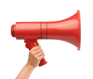 Woman holding megaphone speaker on white background, closeup