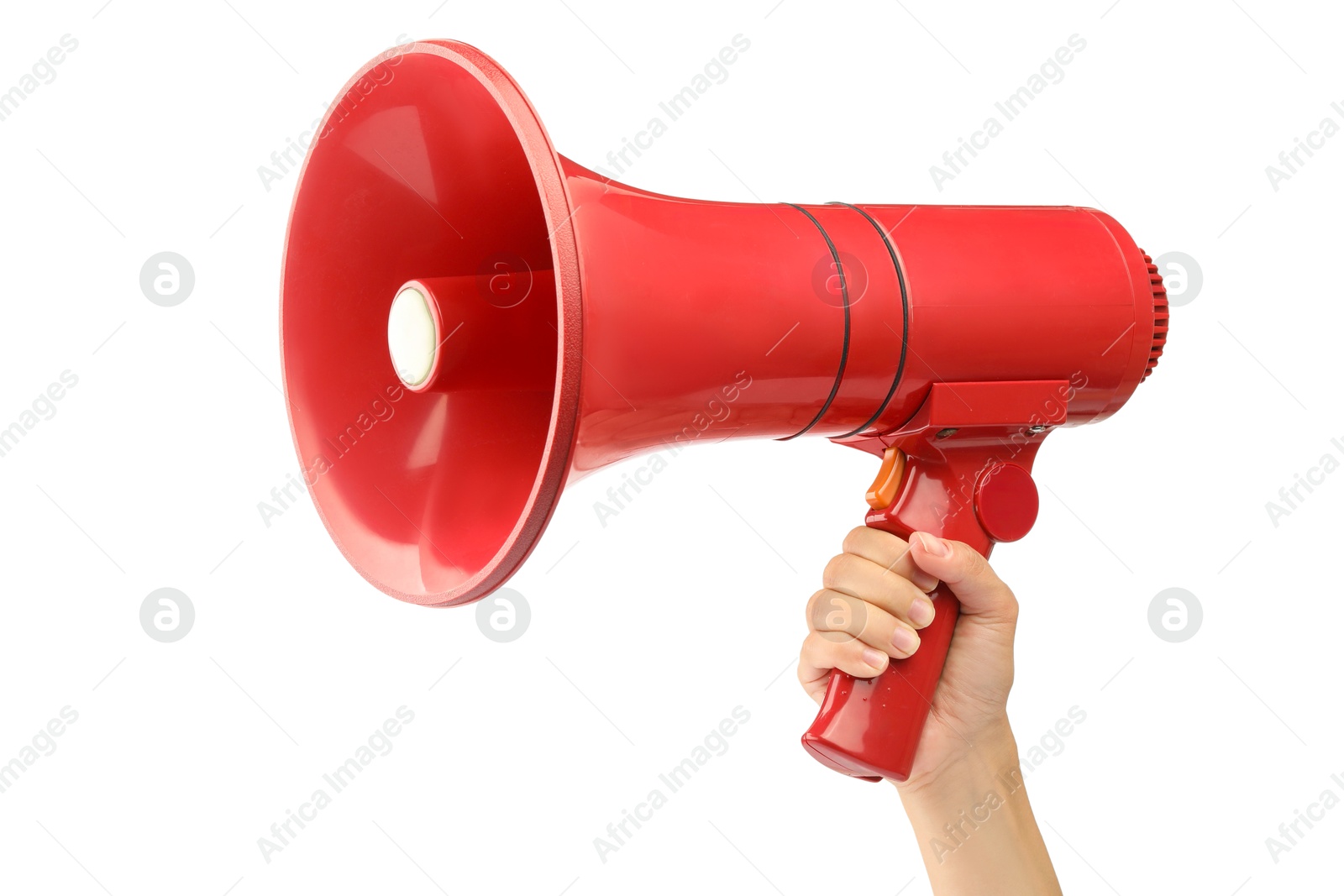 Photo of Woman holding megaphone speaker on white background, closeup