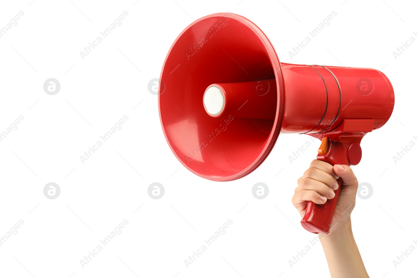 Photo of Woman holding megaphone speaker on white background, closeup