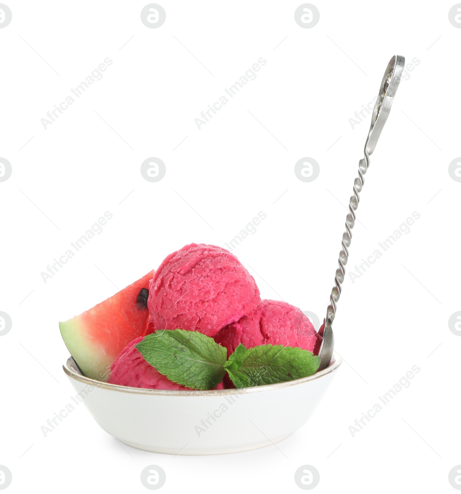 Photo of Scoops of tasty watermelon sorbet with fresh fruit, spoon and mint in bowl isolated on white