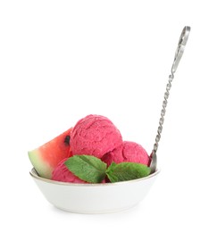 Photo of Scoops of tasty watermelon sorbet with fresh fruit, spoon and mint in bowl isolated on white