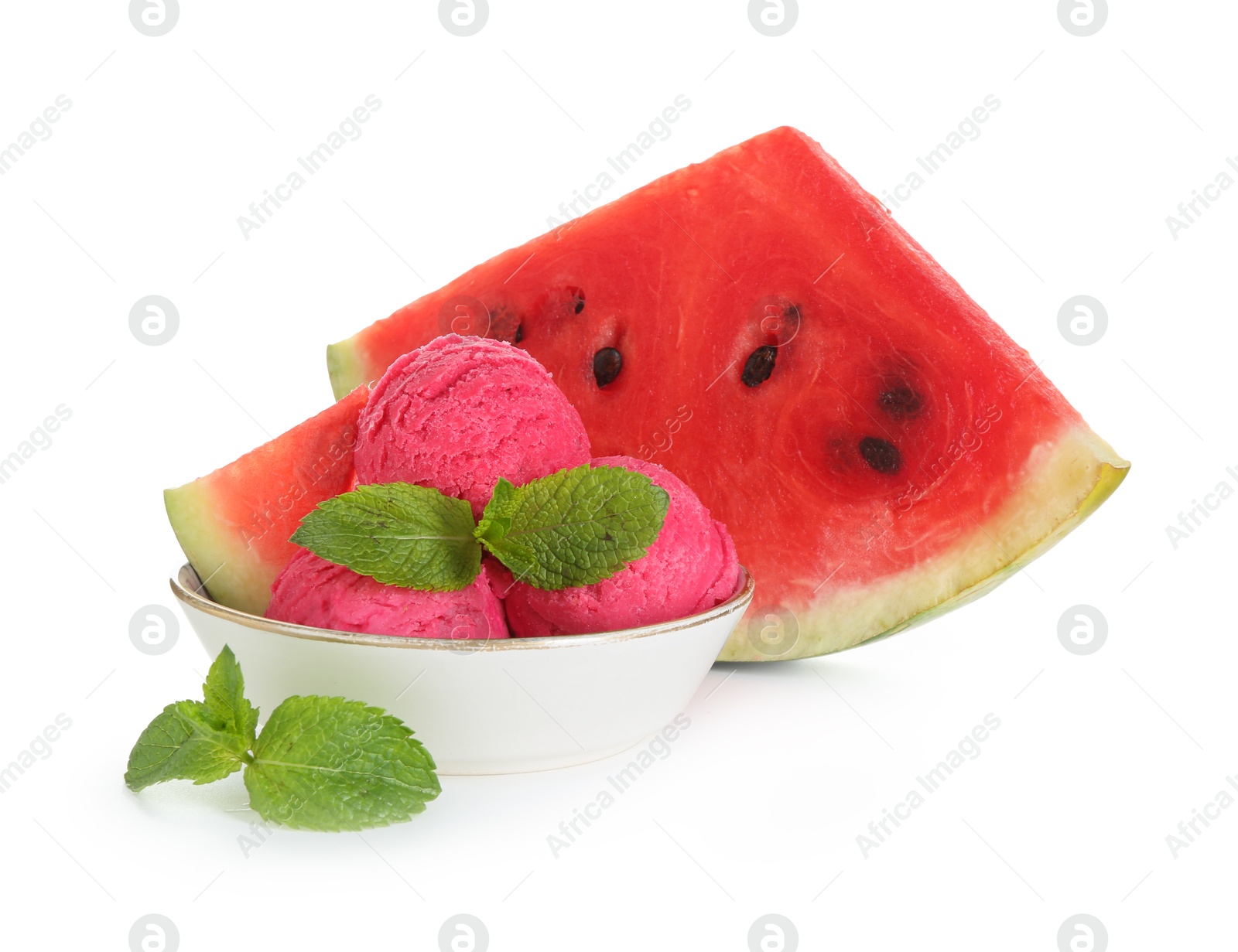 Photo of Scoops of tasty watermelon sorbet with mint in bowl and fresh fruit isolated on white