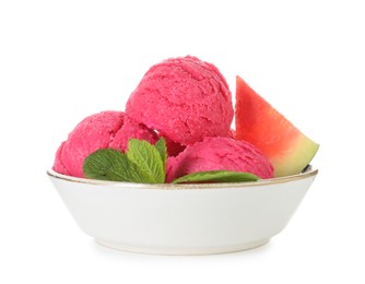 Photo of Scoops of tasty watermelon sorbet with fresh fruit and mint in bowl isolated on white