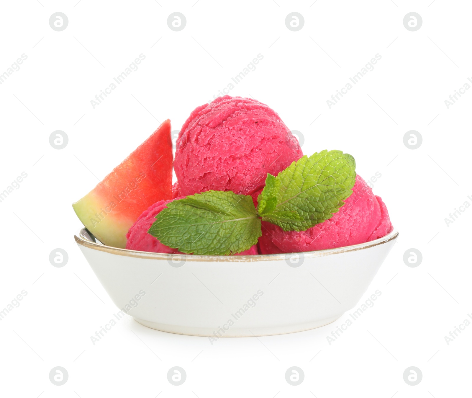 Photo of Scoops of tasty watermelon sorbet with fresh fruit and mint in bowl isolated on white