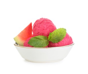 Photo of Scoops of tasty watermelon sorbet with fresh fruit and mint in bowl isolated on white