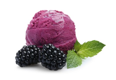 Photo of Delicious blackberry sorbet, mint and fresh berries isolated on white