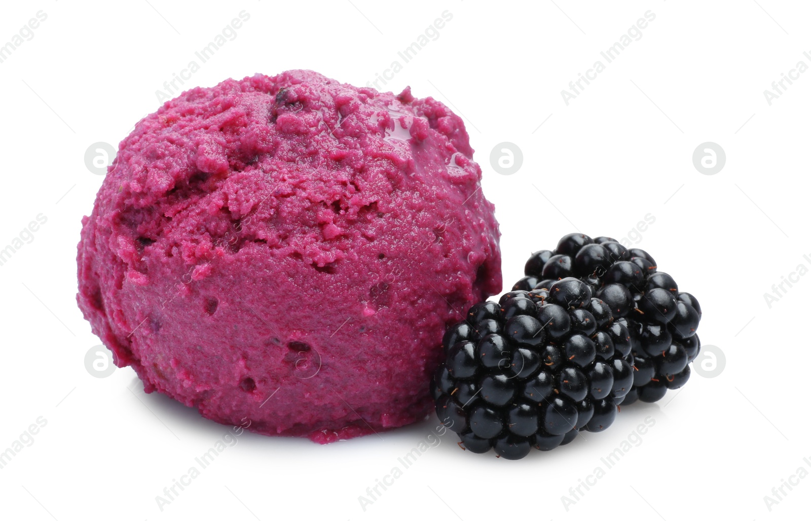 Photo of Delicious blackberry sorbet and fresh berries isolated on white